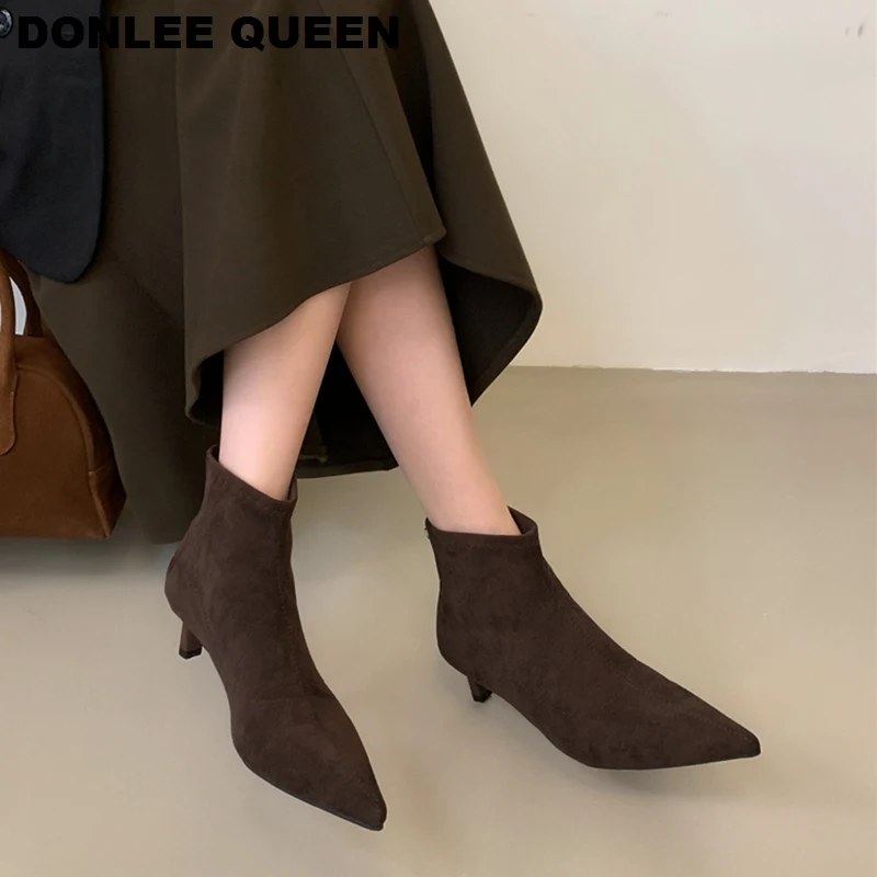 Stretch Boots Women Low Heel Pointy Shoes Women Pointed Toe Kitten Heels Short Booties European Chelsea Ankle Boot Zapatos Mujer