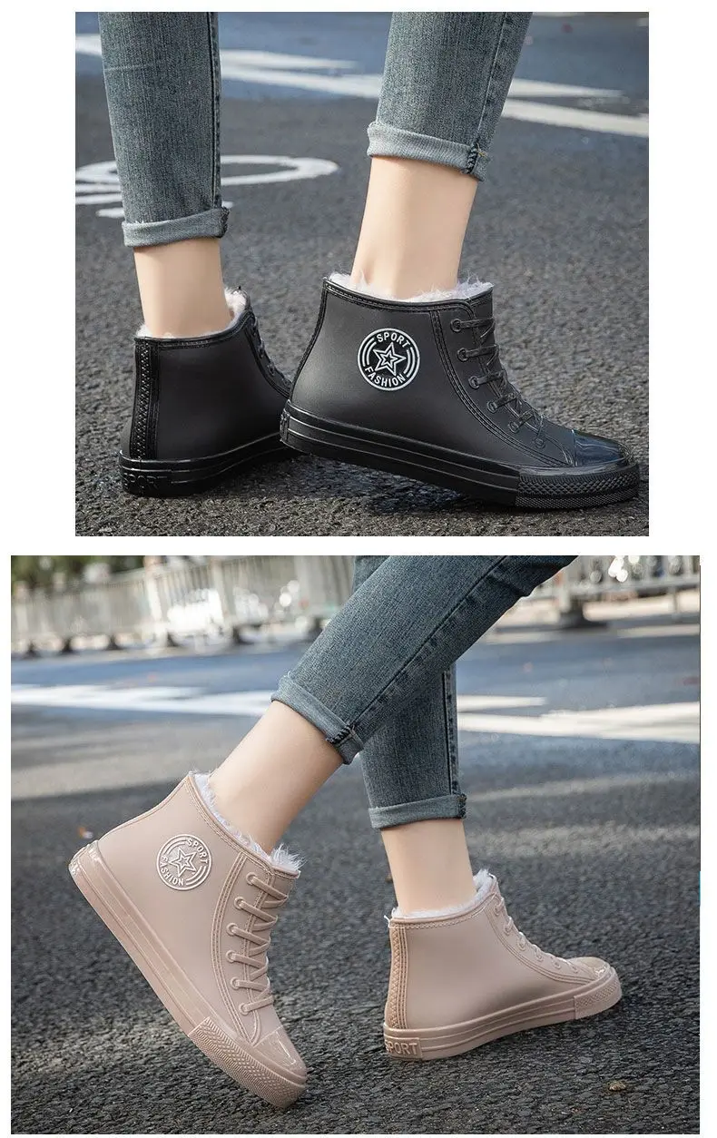 Stilvolle warme Damen-Regenschuhe mit Fell, wasserdichte Winterstiefel, Damen-Galoschen, modische Garten-Regenschuhe, Plüsch-Regenstiefel der Marke – Detail 12