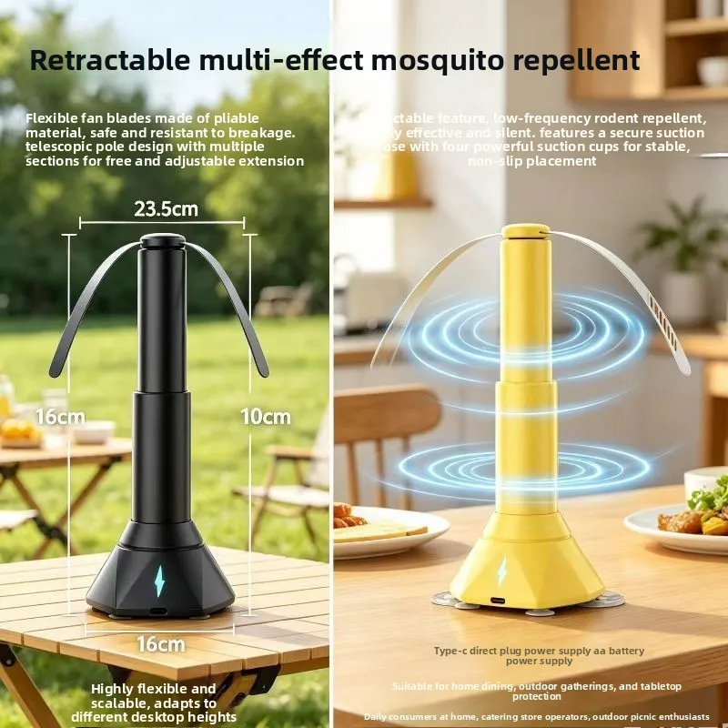 Yellow USB Rechargeable /Black Battery model Telescopic Fly Fan with Suction Cup Portable Insect Repellent for Outdoor Camping