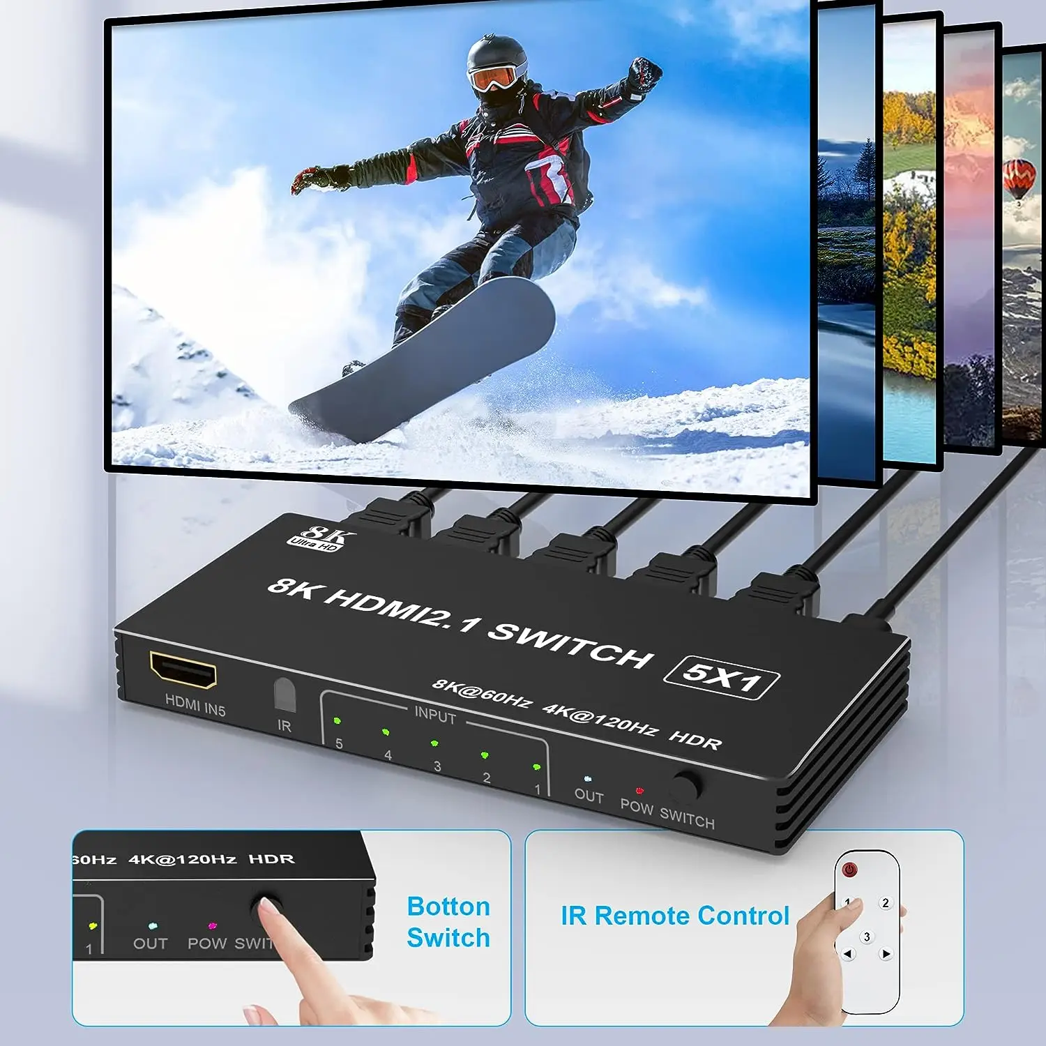 8K HDMI Switch 3x1 5x1 8K@60Hz 4K@120Hz HDMI 2.1 Switcher Selector Box 5 in 1 out with IR Remote HDR HDCP2.3 for Xbox PS4 PC TV