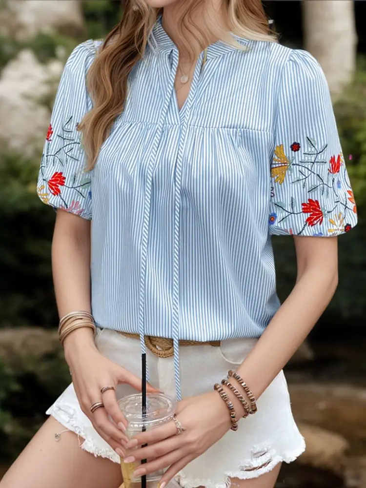 

ZANZEA женская полосатая блузка, модные топы с v-образным вырезом, 2025 г., элегантная туника на шнуровке с короткими рукавами, большие повседневные свободные пуловеры