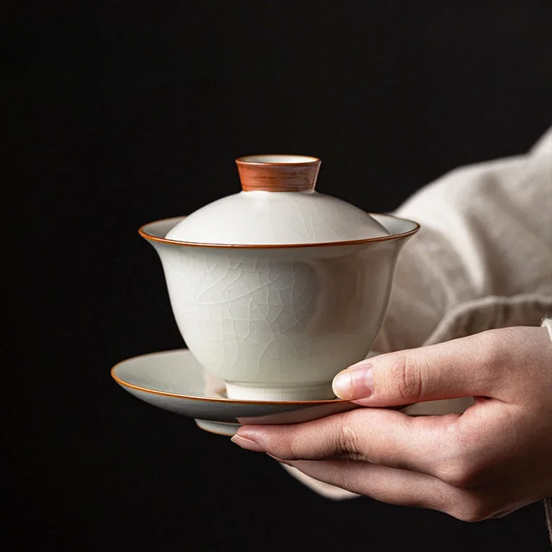 

Boutique Ru Kiln Sancai Tea Cups Handmade Crafts Ceramics Tea Tureen Can Improve Gracked Glaze Tea Maker GaiWan Kung Fu Teaware