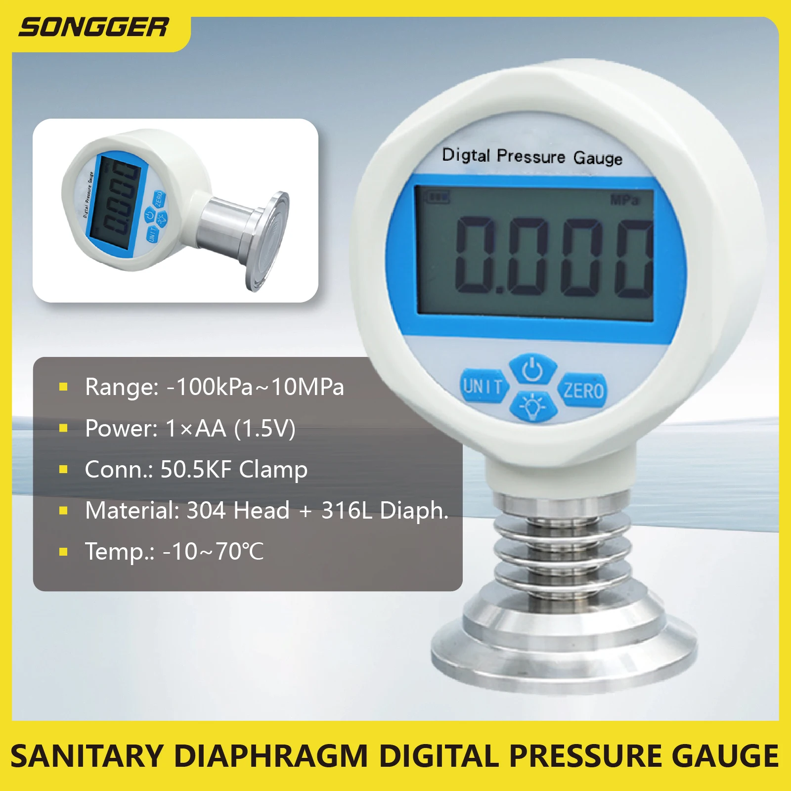 Yb60kf Sanitary Digital Pressure Gauge For Cip/sip Battery Powered 316l ss Flush Diaphragm Clamp Hygienic Display Gauge