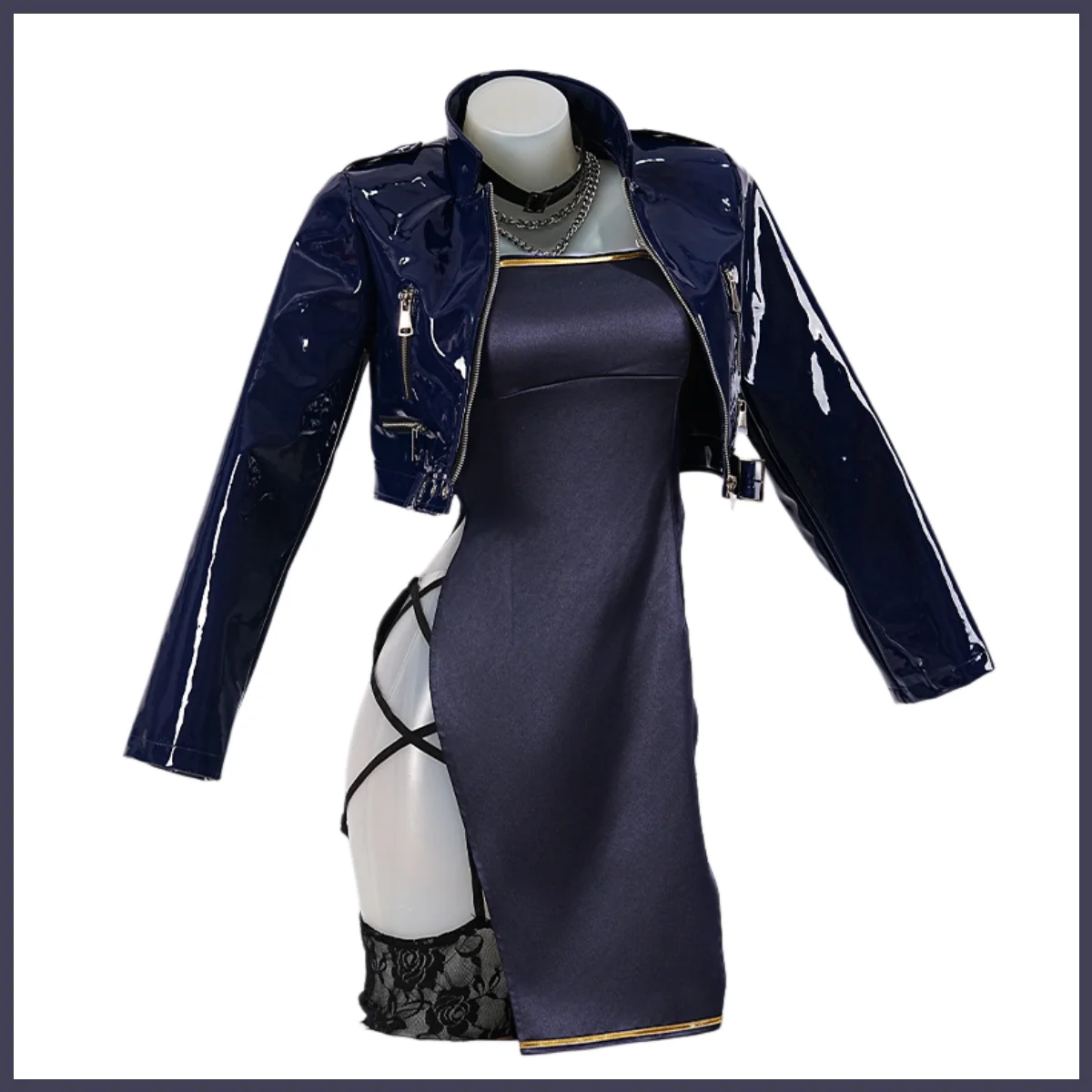 Anime Game Azur Lane HMS Cheshire Cosplay Costume Wig Blue Cheongsam PU Coat Dress Woman Sexy Carnival Halloween Suit - view 3