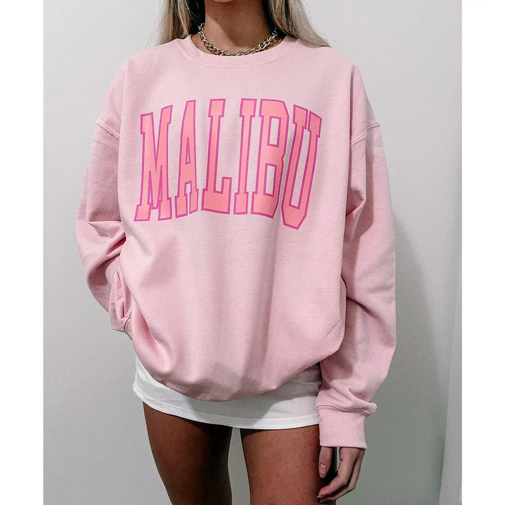 

Malibu Pink Women Oversize Style Loose Cotton Pullovers Long Sleeve Crewneck Autumn Sweatshirts Ins Fashion Casual Jumpers