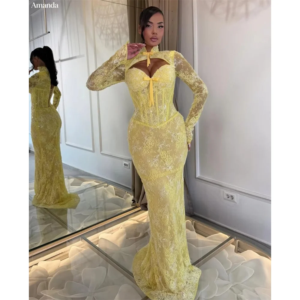 Amanda Customizd High Neck Cut‑out Floral Lace Mermaid gown Evening dress Lace‑up Floor‑length Glamorous Prom dress Party dress