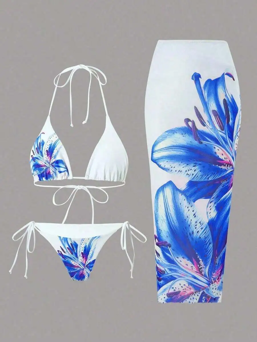 

Floral Print Triangle Bikini Set With Side Tie Bottom And Mesh Cover Up For Women