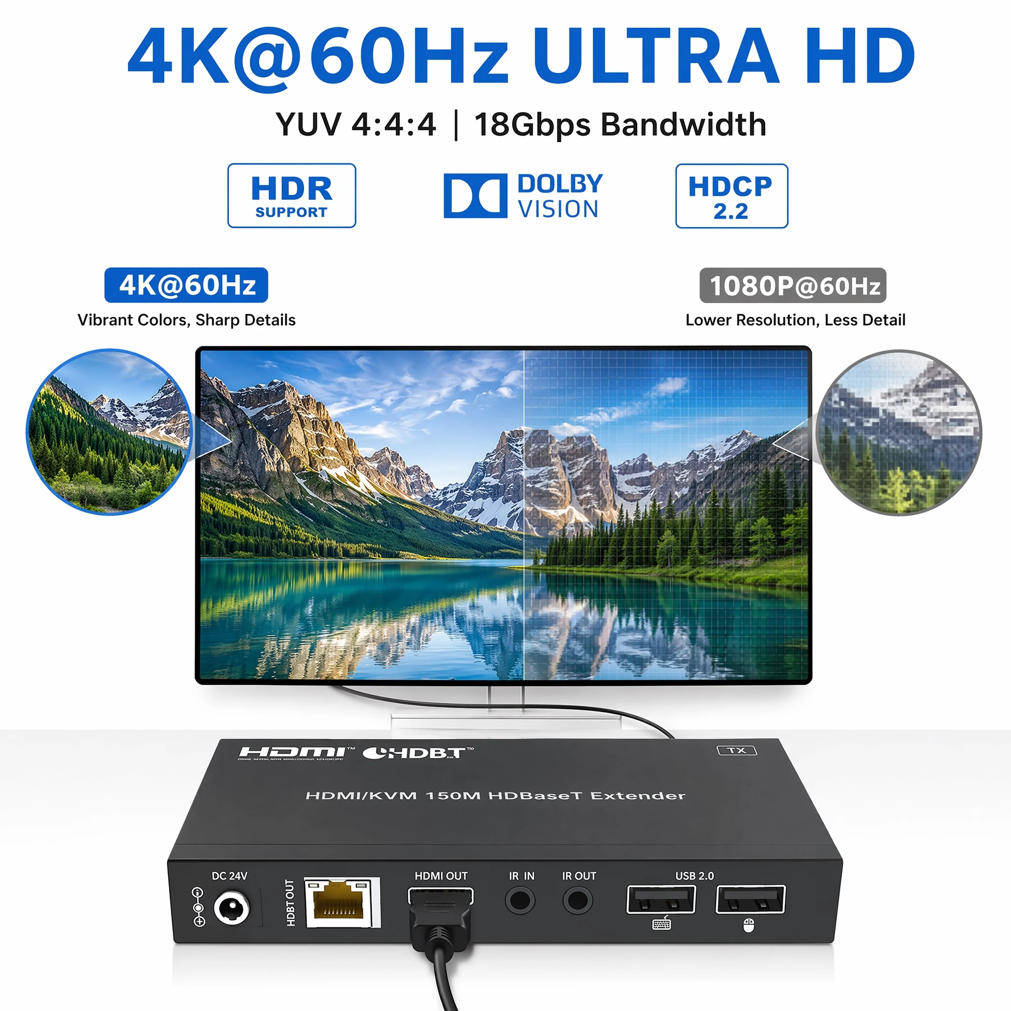 4K 60Hz HDMI KVM Extender 120M Over Cat6 RJ45 Ethernet Cable, USB HDMI Transmitter Receiver Kit for Camera Keyboard Mouse PC