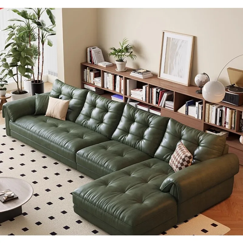 Retro oil wax leather sofa, medieval style living room 2024 new high backrest concubine seat green leather sofa