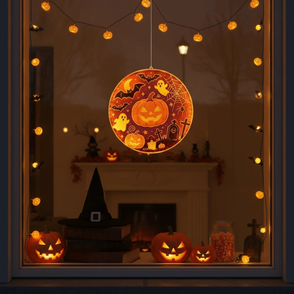 Warm Yellow Glow Halloween Window Lights Cute Cartoon Patterns Double Sided Graphic Ghost Silhouette Light Energy Saving LED