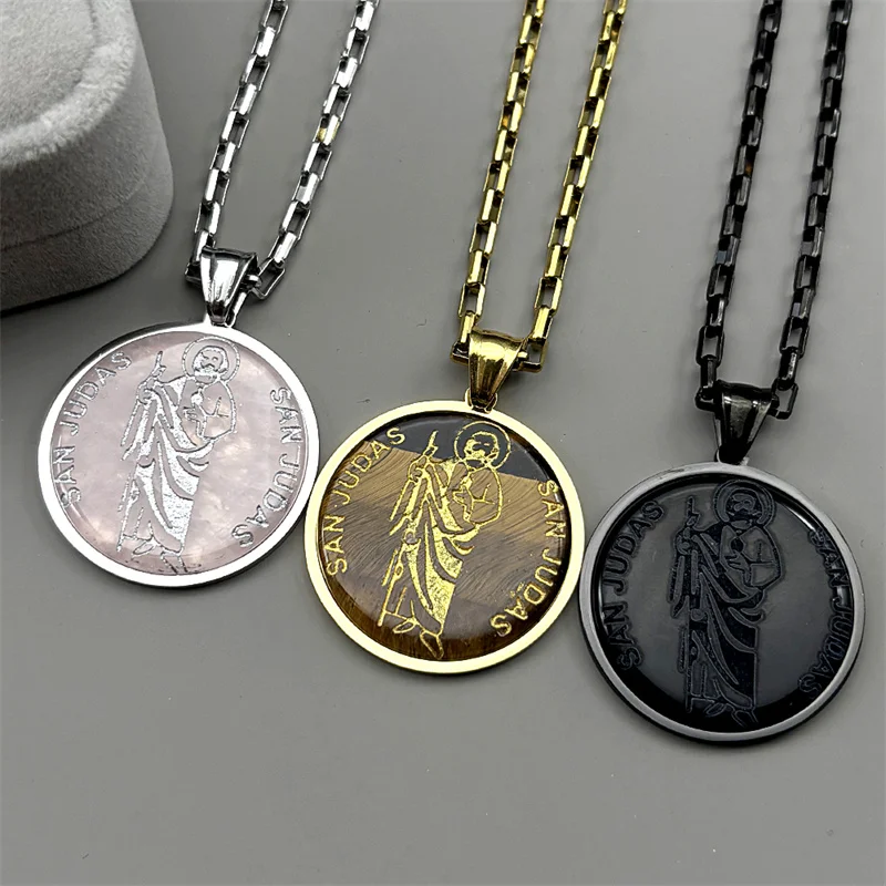 

Tiger Eye Stone San Judas Tadeo Pendant Necklace for Men Women Stainless Steel Gold Color Saint Apostle of Jesus Chain Jewelry