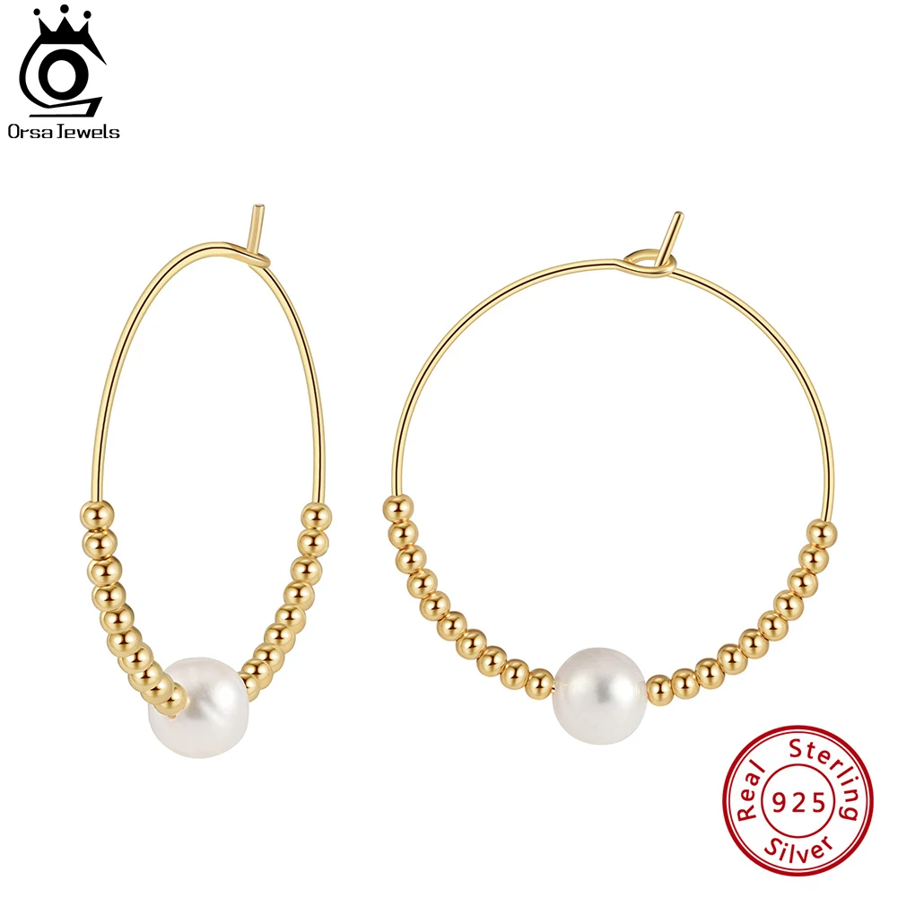 

ORSA JEWELS Luxury 925 Sterling Silver Ball Bead Hoop Earrings with Natural Pearl for Women Handpicked Pearl Earrings Gift GPE79