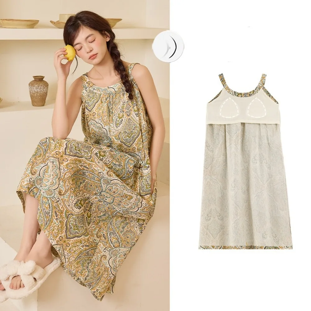 

Thin Chest Pad Women's Nightgown Sleepwear Floral One Piece Pajamas Dress Nightdress Summer Sleeveless Night Wear For Ladies
