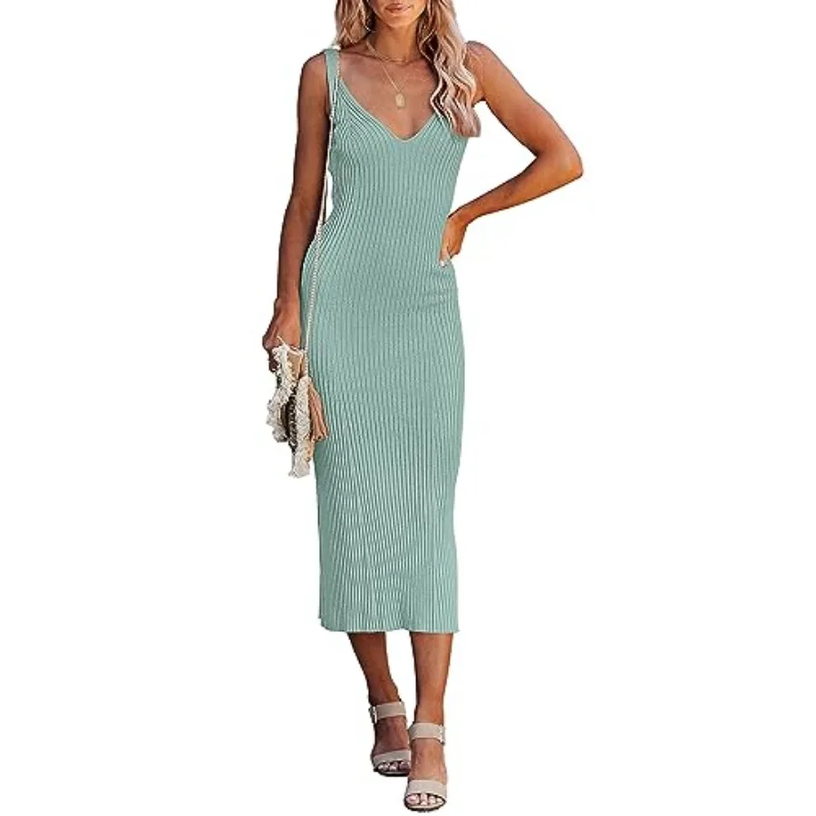 Womens Summer Bodycon Knit Midi Dress 2026 Deep V Neck Sleeveless Baby Shower Vacation Ribbed Long Sweater Dresses - view 2