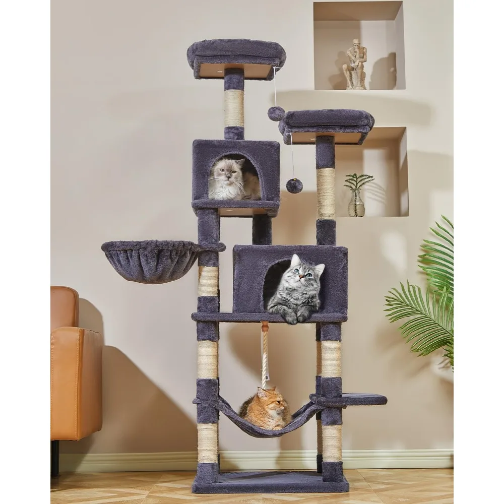 Arbre à chat Taoqimiao, tour à chat de 66,2 pouces pour chats d'intérieur, condote à chat multi-niveaux en peluche avec 12 grattoirs, 2 perchoirs, 2 grottes