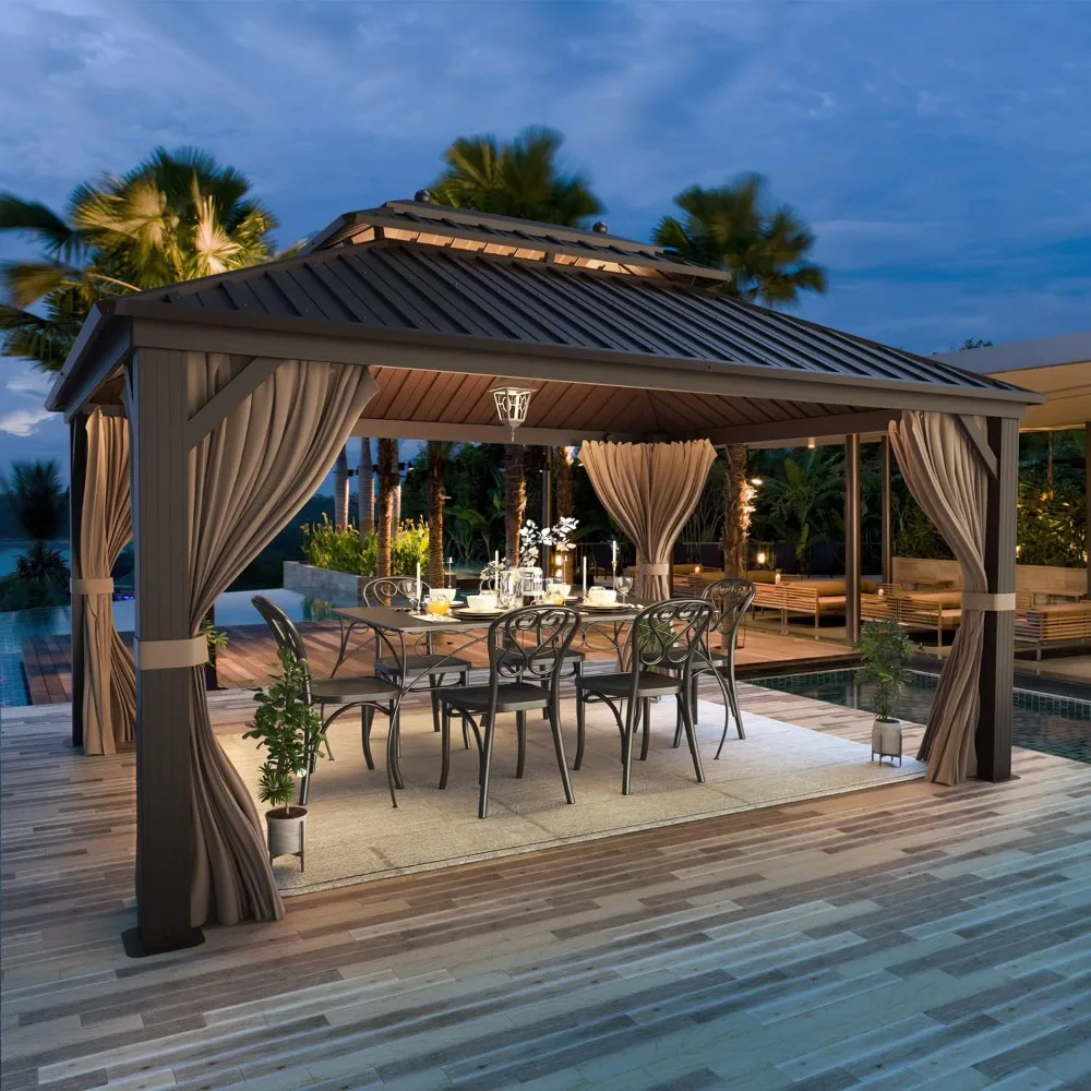 

10'x13' Hardtop Gazebo, Galvanized Steel Aluminum Canopy with Netting and Shaded Curtains, Double Roof Pergolas, Metal Pavilion