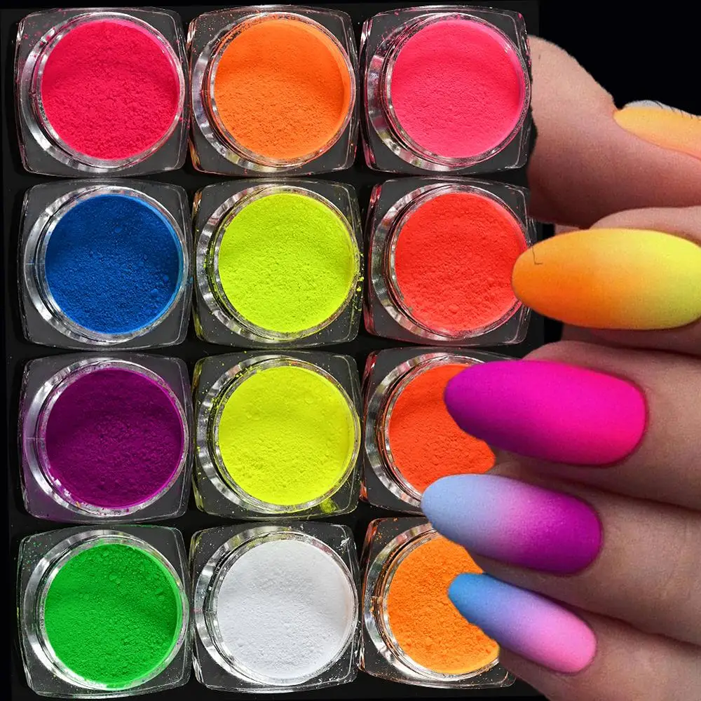 12 stücke neon pigment pulver set bunte helle feine fluor enscence chrom staub chrom shinny maniküre neon pulver & * &