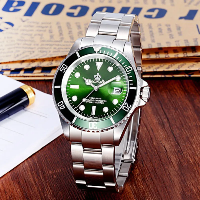 REGINALD Top Brand Men\'s Watches Men Green Watches 316L Stainless Steel Band Auto Date Quartz Wristwatches Montre Homme Reloj