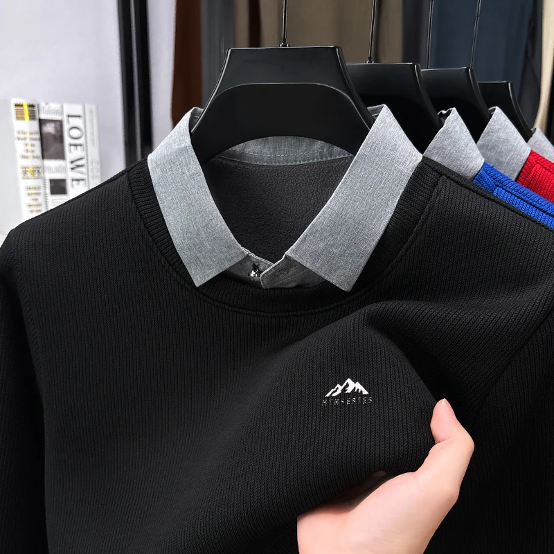 

2025 New Men's Fake Two Piece Solid Color Knitted Shirt Business Casual Shirt Collar Long Sleeve Sweatshirt T-shirt