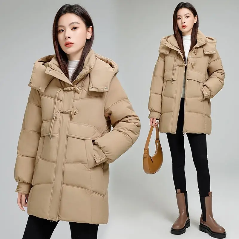 フード付き綿入りコートレディース 2026 秋冬新ロングダウンジャケット女性パーカーファッションウインドブレーカー中国風アウターコート