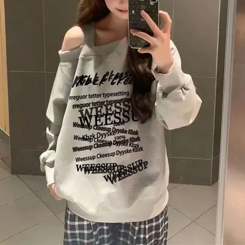 

Casual Skew Collar Loose Sweatshirts Autumn New Fashion Off Shoulder Female Clothing Letter Printed Long Sleeve American Hoodies