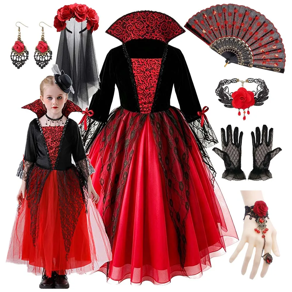 Kids Day Of The Dead Cosplay Outfit Black Red Gown Full Rose Accessories For Halloween Carnival Theme Role Play Birthday Party
