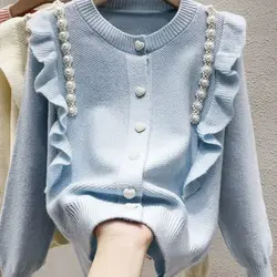 Ruffles Pearl Sweater Women Autumn Winter Elegant Temperament Knitting Cardigan Coat Solid Color All-match Casual Knitwear Tops