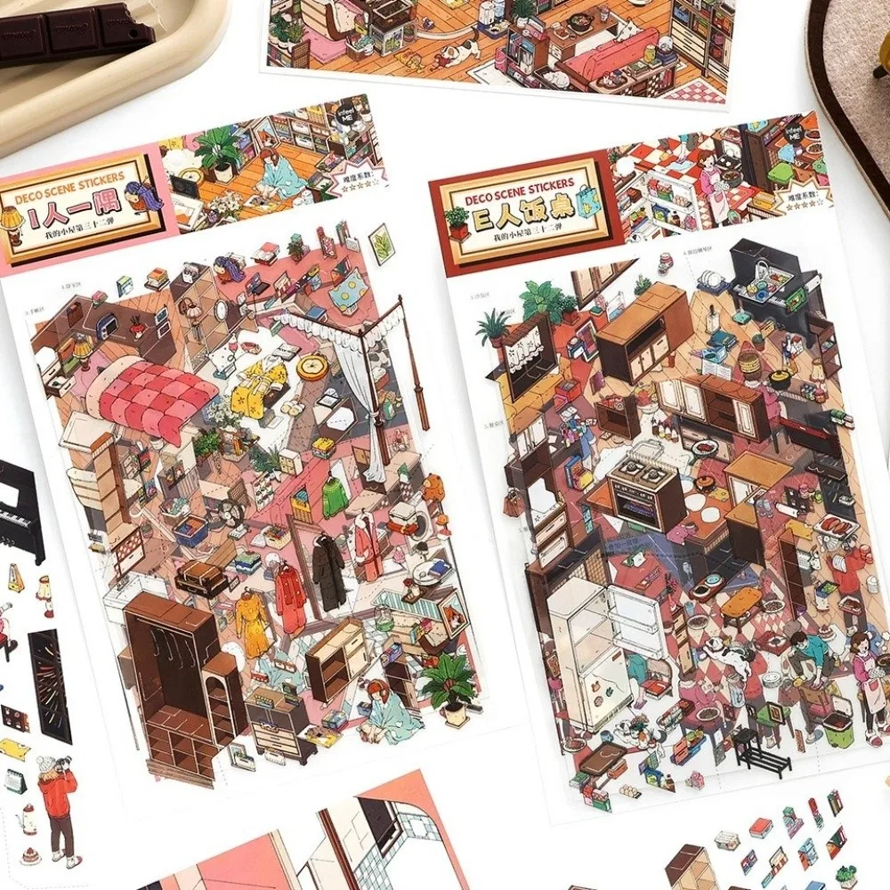 My Home Theme Landscape Stickers Cottage Theater 3D Stacking Stickers Laboratory PET Die-cut Cabin Scene Stickers Art Crafts