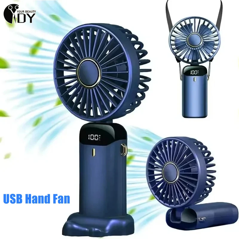 Miniventilador portátil plegable para colgar en el cuello, ventilador recargable por USB con soporte para teléfono y pantalla de visualización, 5 velocidades, 6000mAh