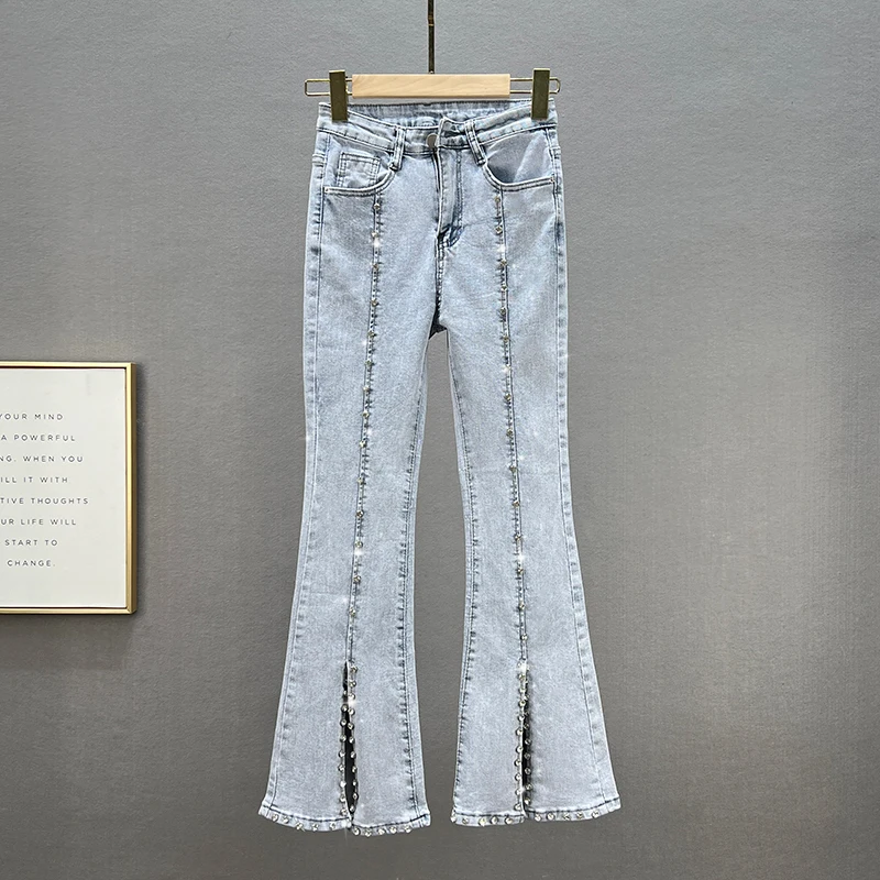 

Женские джинсы с высокой талией и расклешенными штанинами, модные, новые, летние, утягивающие, с бриллиантовой отделкой, с разрезами, из хлопкового стрейч-денима