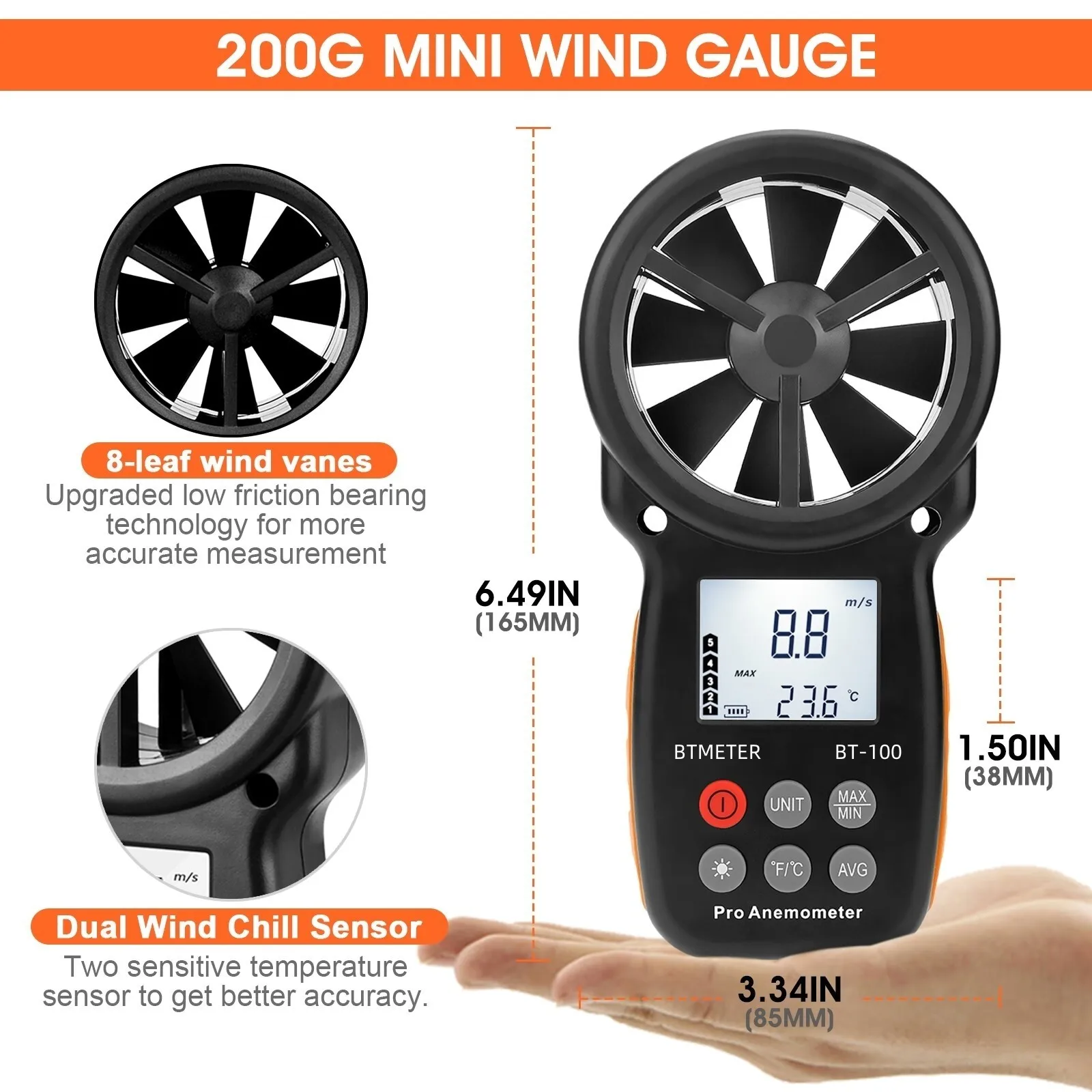 مقياس شدة الريح الرقمي المحمول لقياس شدة الريح ودرجة الحرارة Messgerét 0.3-30 متر/الثانية Windgeschwindigus بإضاءة خلفية ماكس/دقيقة/ستريمي فور خارجي #2