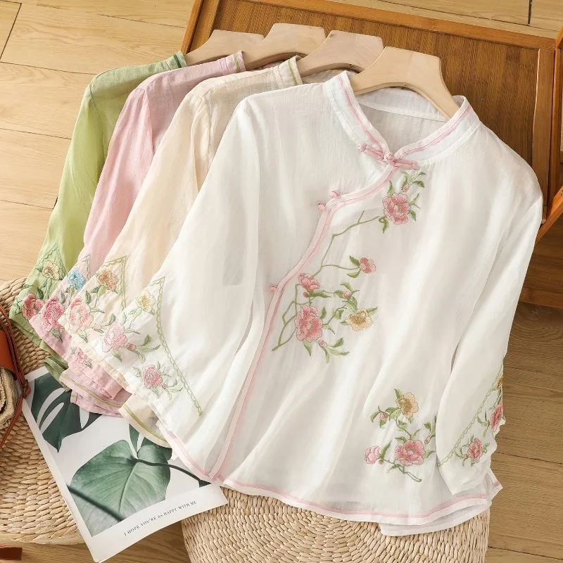 Cotton Linen Women\'s Shirt Summer Embroidery Chinese Style Blouses Trend 2024 Loose Clothing SALES Vintage Short Women Tops