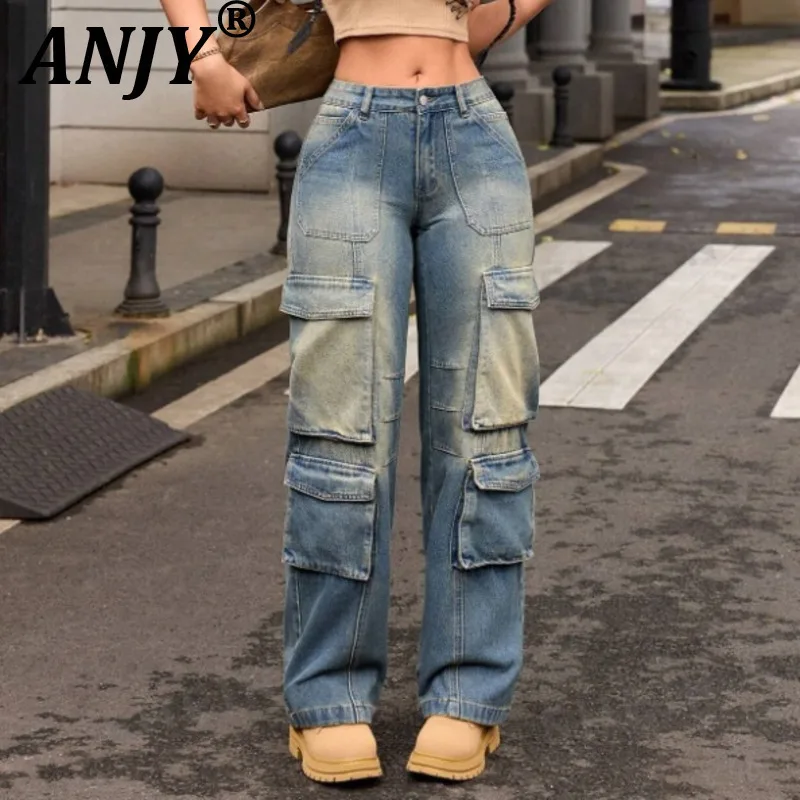 ANJY 秋の新女性 Y2K シックなカーゴジーンズストリートマルチポケットユーズド加工ストレートヴィンテージストリート潮インデニムパンツ A9122