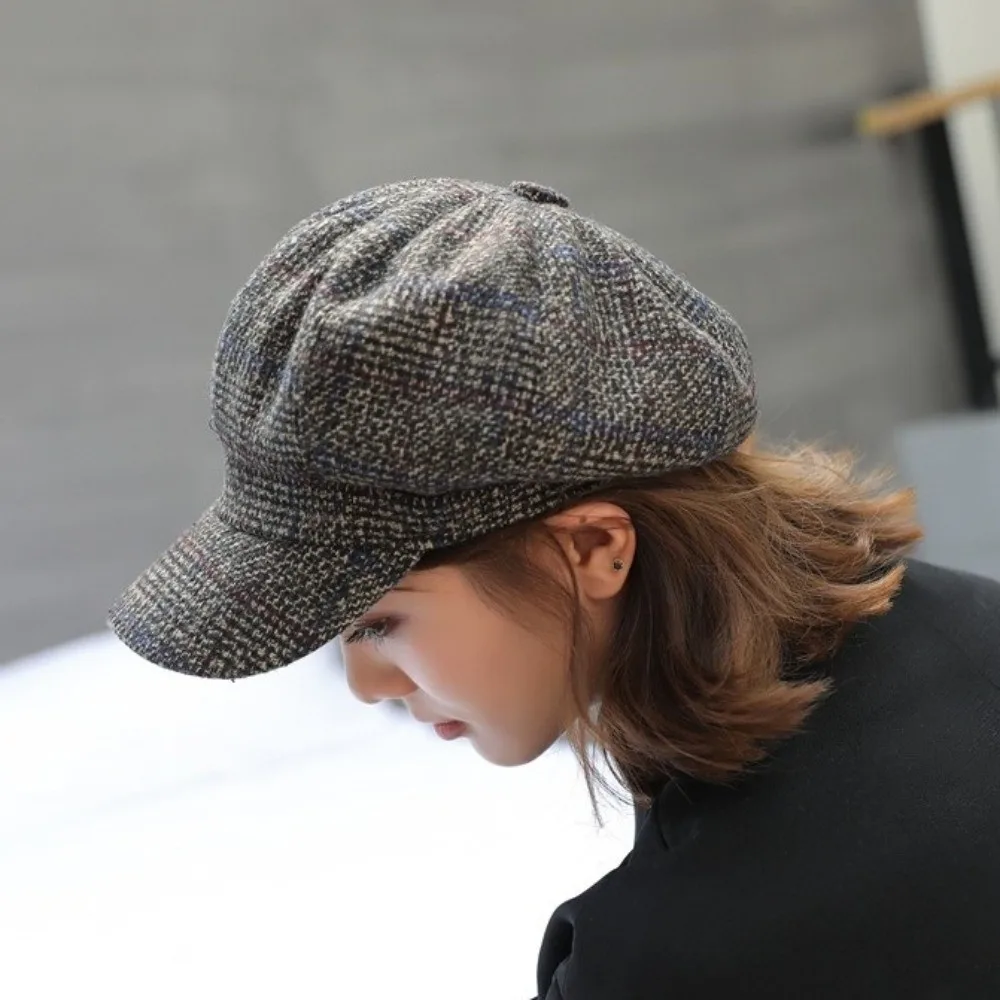 Fashion Woolen Plaid Octagonal Hat Ear Protection Keep Warm British Berets Thick Korean Style Artist Hat Girl