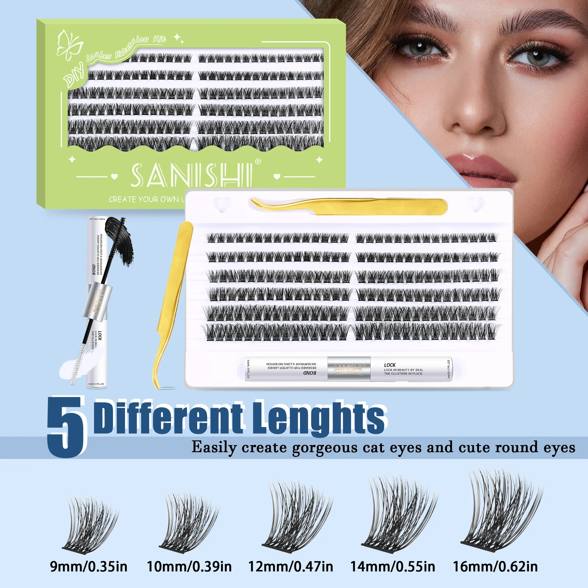 Sanishi Eyelash Extension Set 180PCS 9-16mm Hybrid Eyelash ExtensionSet with Eyelash Adhesive and Sealant and Eyelash Applicator