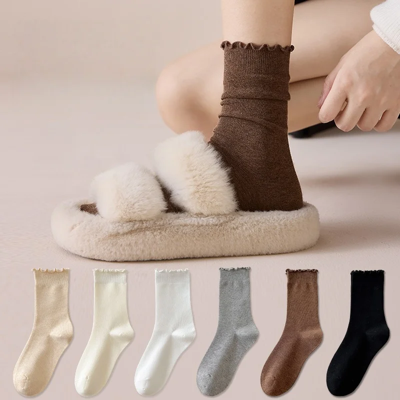 1/4/6 Paar Damen-Socken mit Rüschen und Spitzenbesatz, mittellange Socken, nahtlos, einfarbig, Baumwolle, lässig, stapelbar, EU 36–41, US 6–10