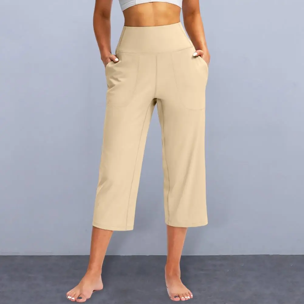 Women Elastic High Waist 3/4 Pant Casual Active Fit Wide Capris Leg Pants Trousers With Pockets Pants for Women Women’s Pants