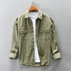 Japanese Style Cargo Shirt Men Spring Fall Pure Cotton Men's Clothing Casual Double Pockets Long Sleeve Shirts Loose Overshirt