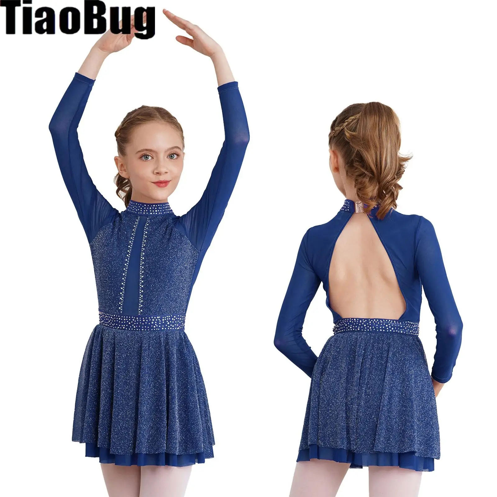 

Kids Girls Shimmery Figure Skating Dance Dress Mesh Long Sleeve Backless Lyrical Dancewear Dress