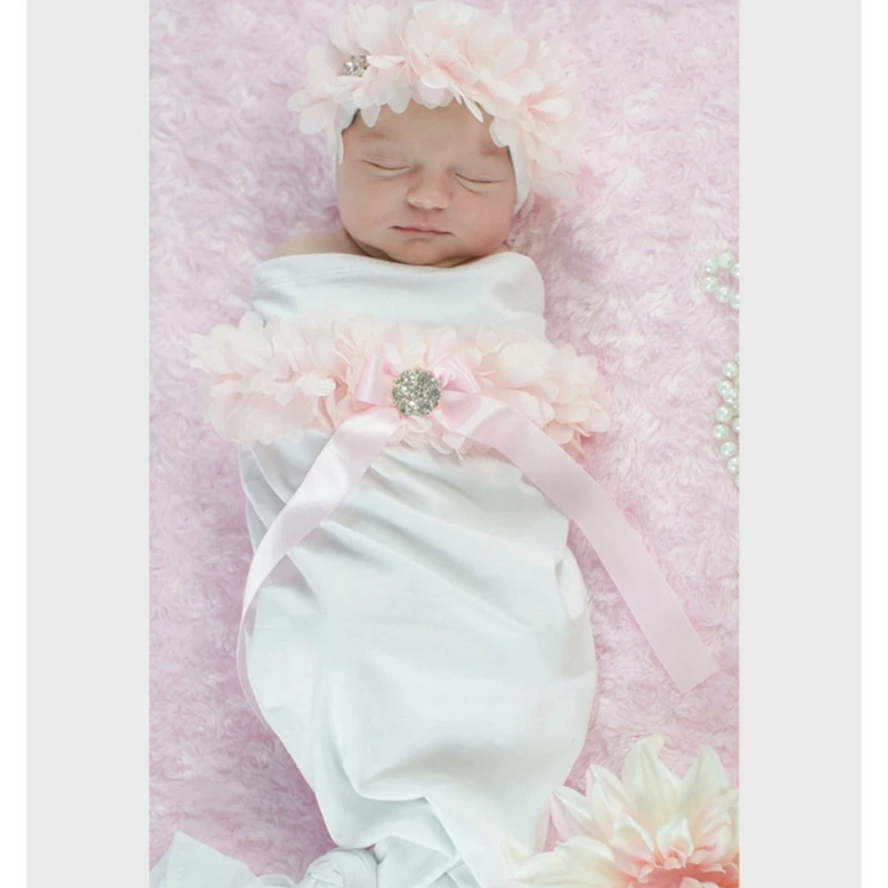 0-2Month Baby Photo Clothes Bowknot Sleeping Bag Flower Beanie Hat Newborn Photography Costume Set Infant Photoshooting Outfit