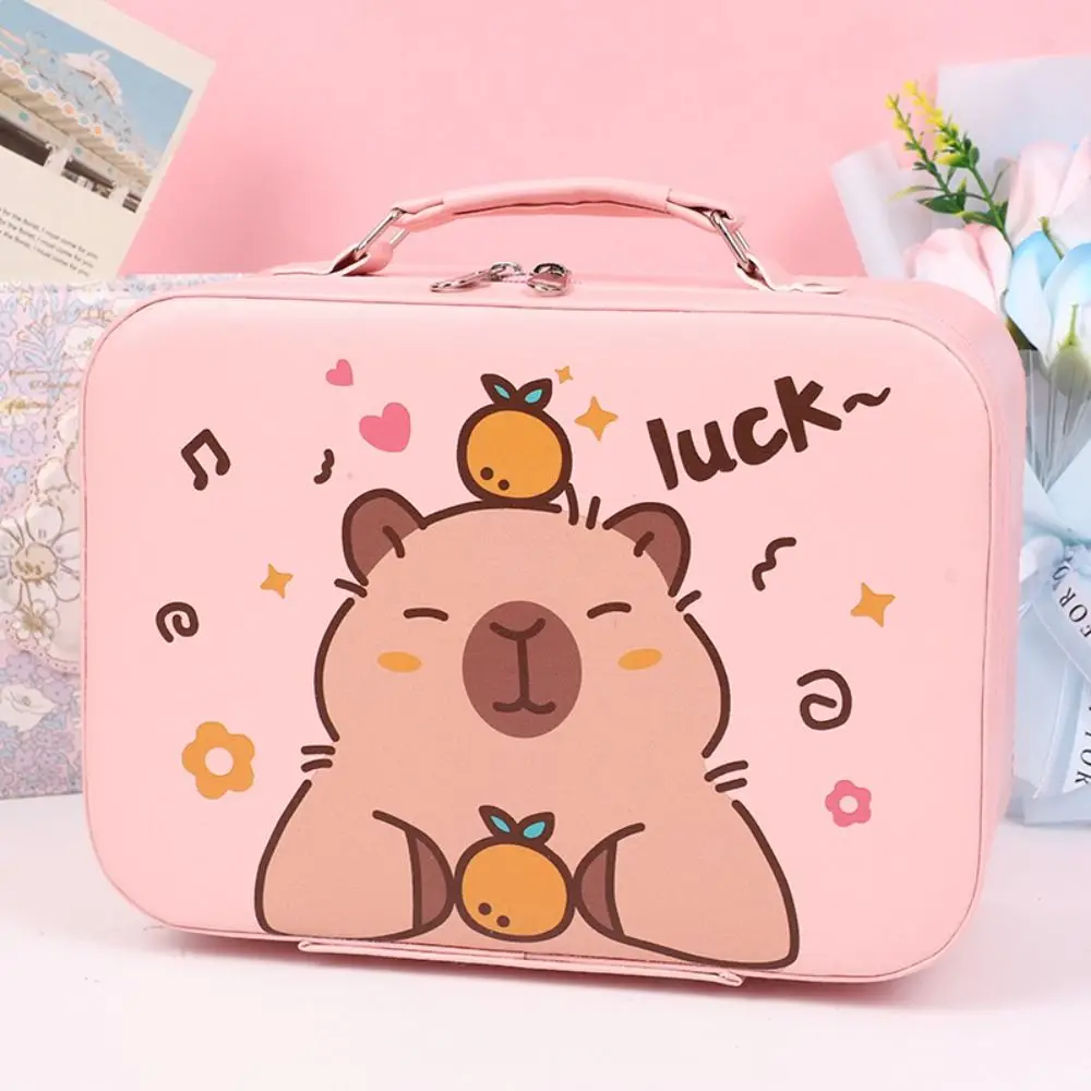 Creative Cartoon Portable Suitcase Capybara With Mirror Mini Luggage Boarding Case PU Small Makeup Box Children