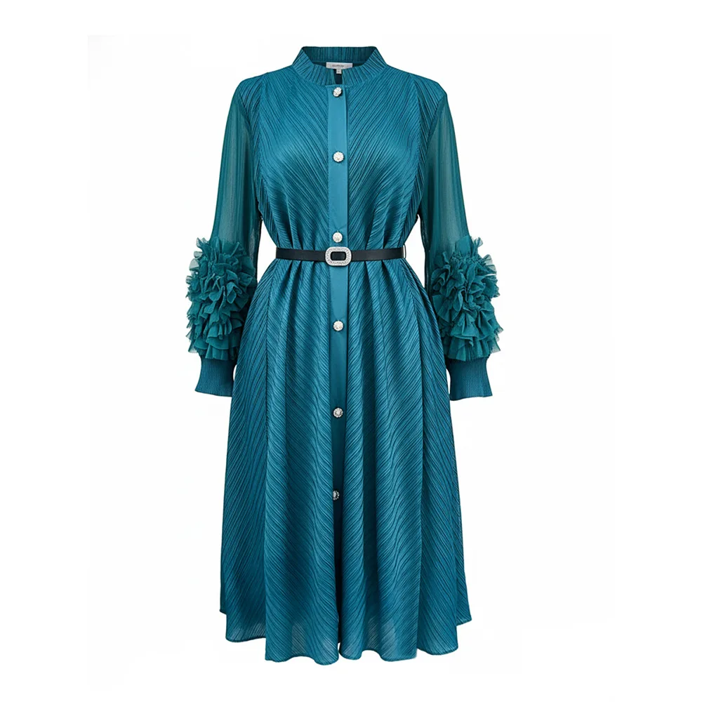 2025 African Temperament Women's Dress Miyake Pleated Hand-cranked Flower Shirt Straight Long-sleeved Skirt High-end Dress