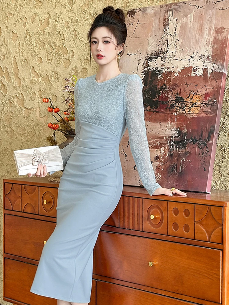Elegant Fashion Sheer Lace Splice Formal Dress Women's Date Long Sleeve Folds Slim Bodycon Robe Female Business Party Vestidos