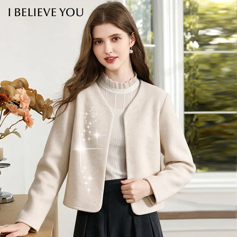 I BELIEVE YOU Women's Coat 2026 Winter Wool Blend Quiet Luxury Commuter Outerwear Fine Shimmer Silver Thread Clothes 2263186558