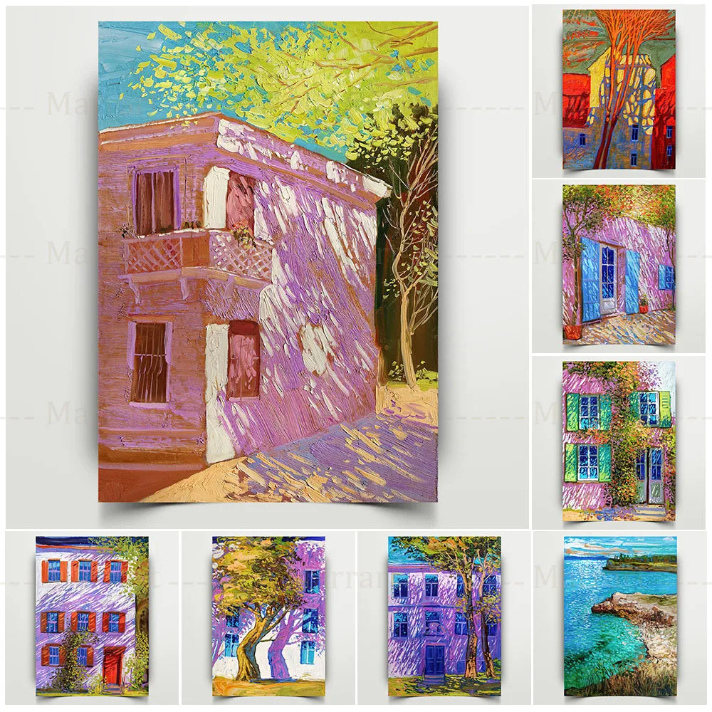 Plants And Buildings Projection Wall Art Canvas Painting Colorful Tree Landscape Poster Windows PictureFor Livingroom Home Decor