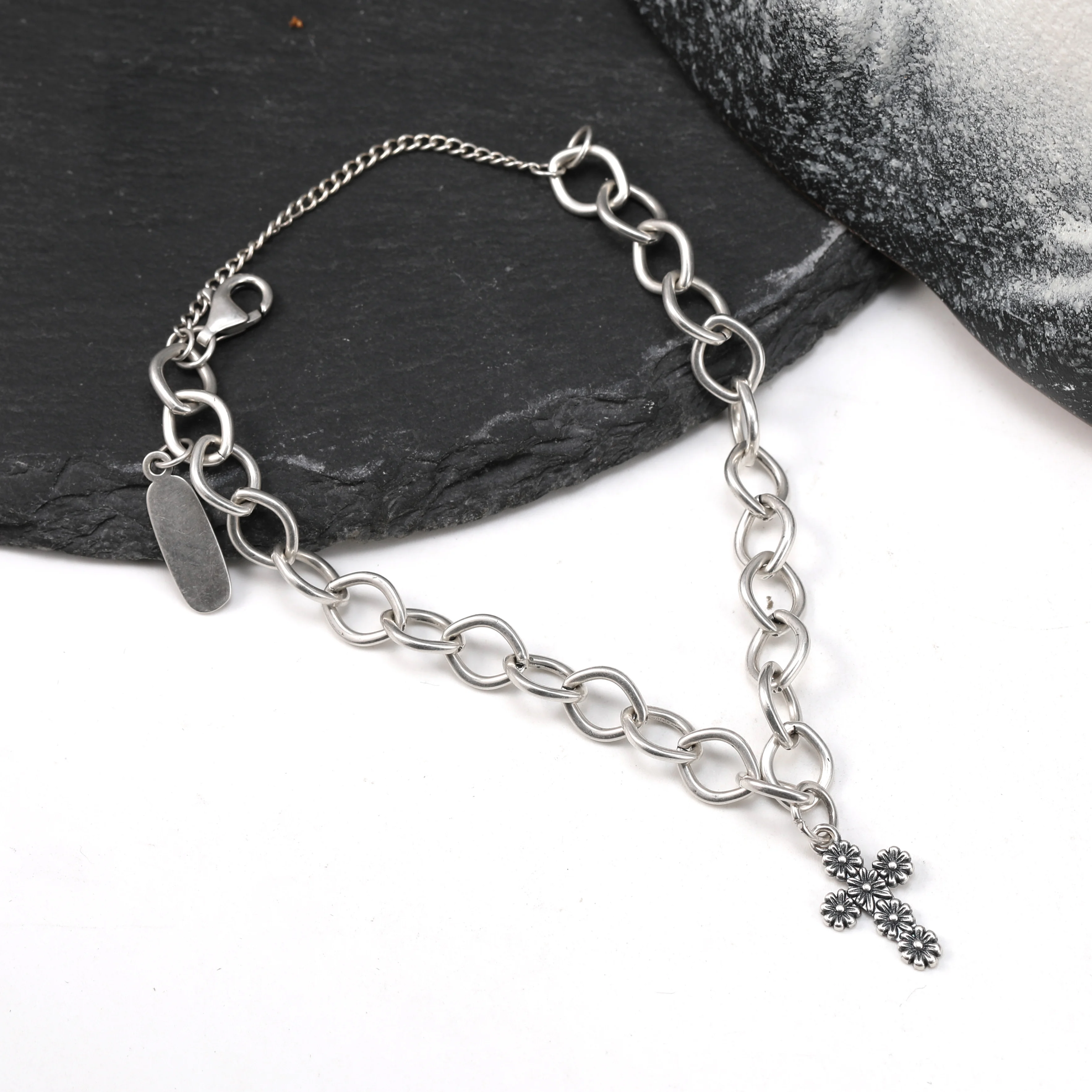 

Genuine 925 sterling silver Forged Link Charm Bracelet paired with Margarita Cross Pendant