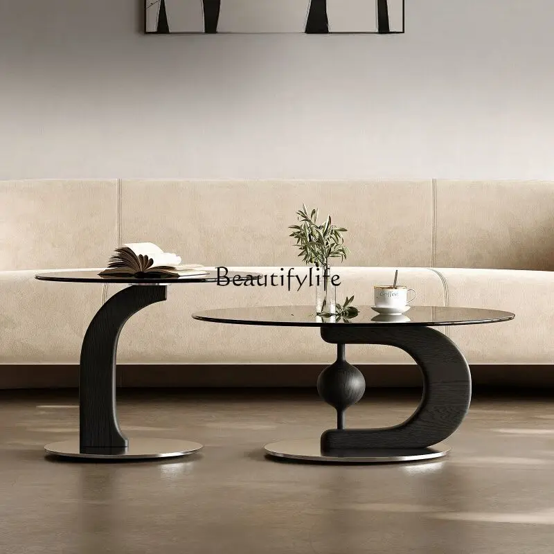 Italian solid wood coffee table combination size round living room household stainless steel metal art coffee table