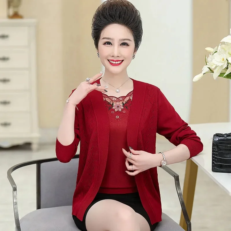 Mom Spring and Autumn New Knitted Cardigan Thin Sweater Coat Middle Old Age Women Summer Short Sleeve Two Piece Set High Quality