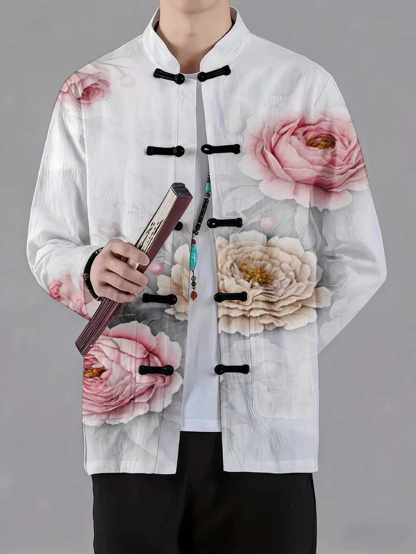 Men Mandarin Collar Frog Button Jacket Wildlife Floral Art Print Traditional Outerwear