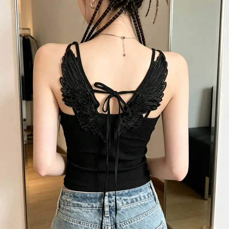 Women Y2K Gothic Backless Short Vest 3D Embossed Angel Wings Embroidery Spaghetti Strap Sexy Slim Summer Cami Top